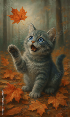 A wide-eyed kitten reaching for a falling autumn leaf — a tender metaphor for curiosity, childlike wonder, present-moment joy, and the beauty of seeing the world as if for the first time.