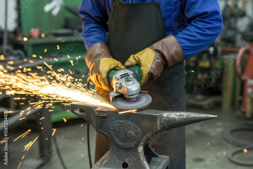Forge workshop Smithy manual production Sparks industrial worker using angle grinder