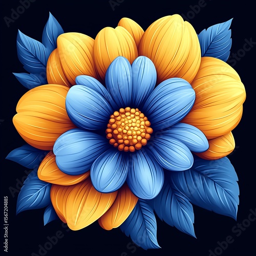 Vibrant, stylized flower arrangement in shades of blue and gold.  Detailed petals and leaves