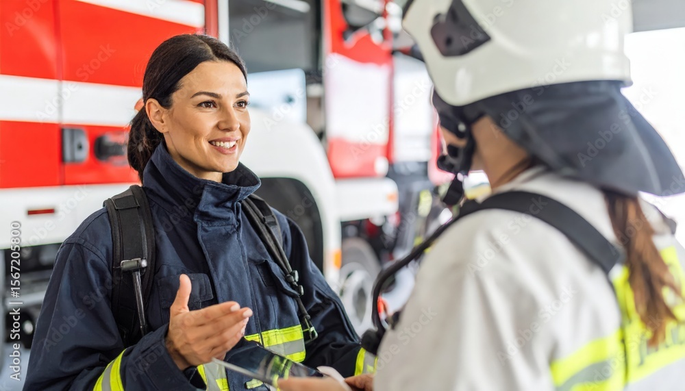 Two female firefighters in conversation Two female firefighters in conversation