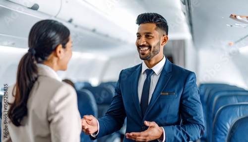 Two flight attendants converse on plane