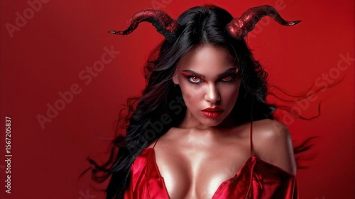 A sensual woman dressed as a seductive devil poses against a red background. Ideal for adult themes, erotic lingerie, sex shops, and Halloween promotions with a provocative touch.