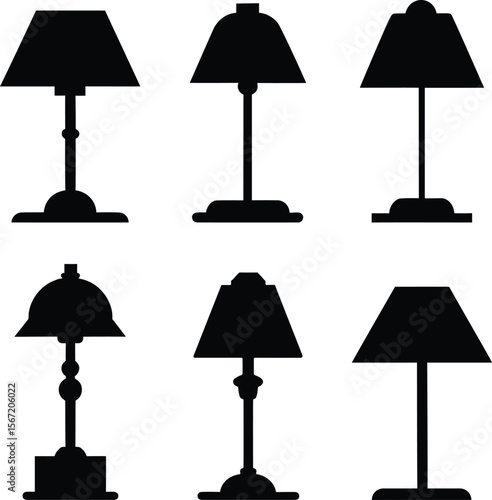 Bedside lamp silhouette set - 6 minimalist nightstand light vectors, EPS JPEG PNG