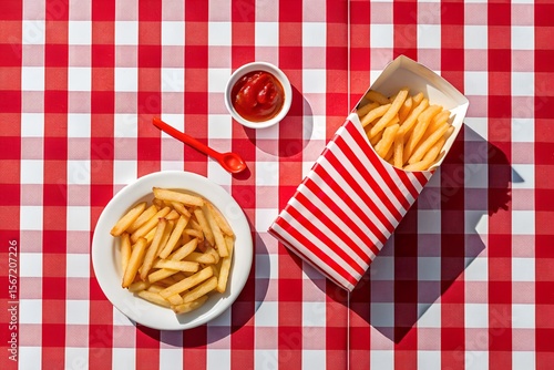 Crispy French Fries Served in a Red and White Striped Box and Bowl with Ketchup on a Checkered Tablecloth