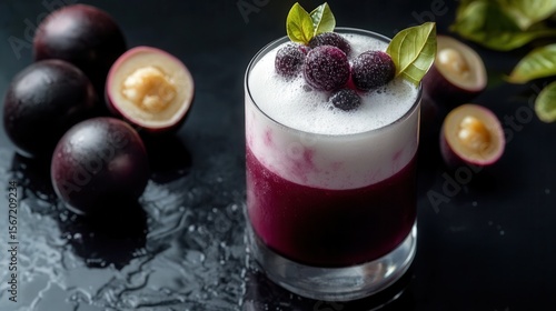 Fototapeta Naklejka Na Ścianę i Meble -  A refreshing jabuticaba cocktail with foam and fresh fruits on a dark background
