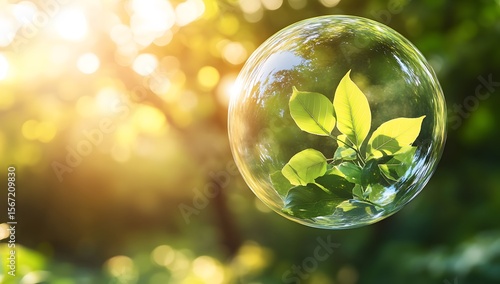 Floating glass bubble filled with green leaves in a sunlit forest scene with blurred natural tones.
