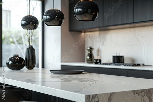 ultra HD image of Kitchen marble bench close up with black hanging pendant and vase