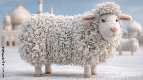 Fluffy sheep in front of buildings