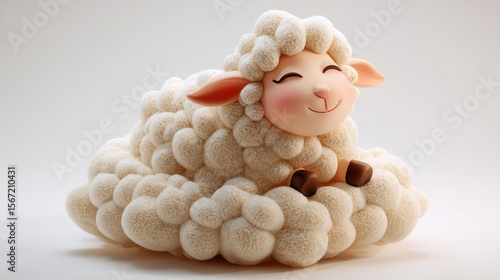 Cute sheep figurine on fluffy cloud