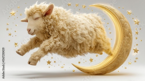 Sleeping lamb on golden crescent moon