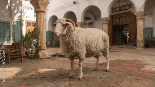 White sheep in ornate courtyard