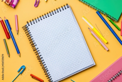 High Definition Visual of Top View of Notebook with School Supplies and Copy Space