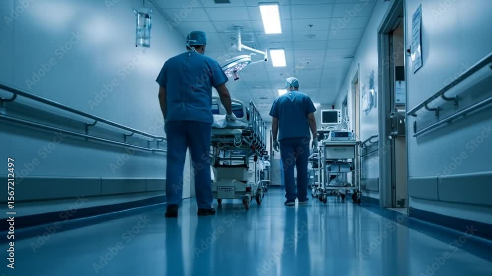 Medical professionals transporting a patient on a hospital gurney in a modern clinical corridor Medical professionals transporting a patient on a hospital gurney in a modern clinical corridor