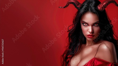 A sensual woman dressed as a seductive devil poses against a red background. Ideal for adult themes, erotic lingerie, sex shops, and Halloween promotions with a provocative touch.