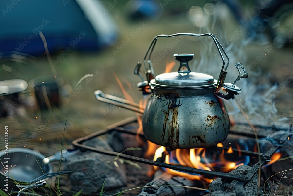 Tourist Kettle on a Gas Burner Cooking in Field Conditions Using a Tourist Gas Burner Tourist Kettle on a Gas Burner Cooking in Field Conditions Using a Tourist Gas Burner