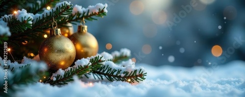 Frosted pine, golden baubles, twinkling lights, snowy scene , joyful, graphic