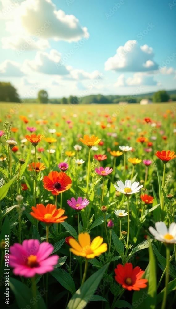 Vibrant wildflowers carpet sun-drenched field, blooming flowers, wildflower meadow, rural Vibrant wildflowers carpet sun-drenched field, blooming flowers, wildflower meadow, rural