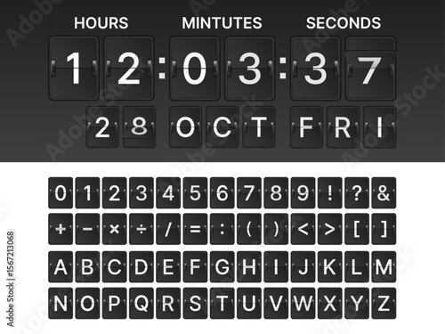 Black Mechanical Flip Clock Font Set – Countdown Timer Digits, Alphabet, Symbols on Scoreboard Style with Flip Board Flipping Effect for Digital Timer, Airport Display, and Vector Design