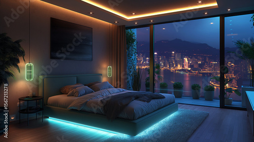 Modern luxury bedroom with ambient LED lighting and cityscape view at night. Ideal for real estate, interior design, or smart home lifestyle content.