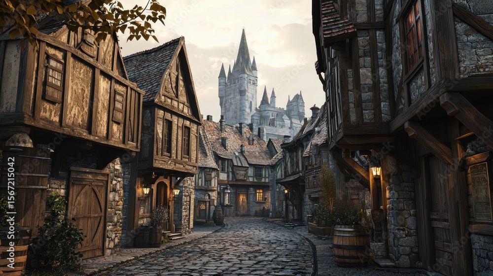 Fototapeta premium Warmly lit medieval fantasy street with timber-framed houses, stone facades, and a majestic castle in the background, perfect for game art, fantasy concepts, or storytelling scenes