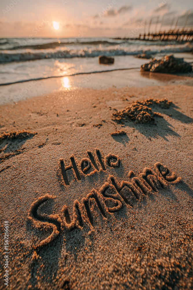 Fototapeta premium A 'Hello Sunshine' greeting drawn in beach sand with thin, natural lines, surrounded by a peaceful ocean view and soft pastel gradient sky under morning light.