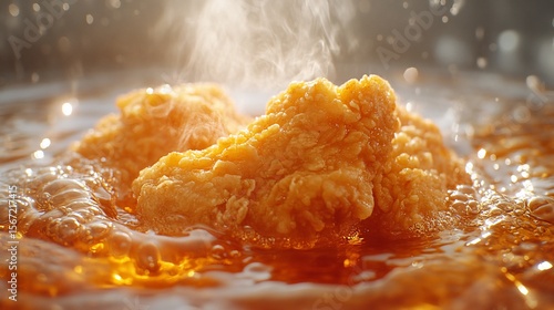Crispy Fried Chicken Pieces Sizzle in Hot Oil, Close-Up