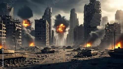 Futuristic city destroyed by war tanks and explosions in apocalyptic battle scene, 
