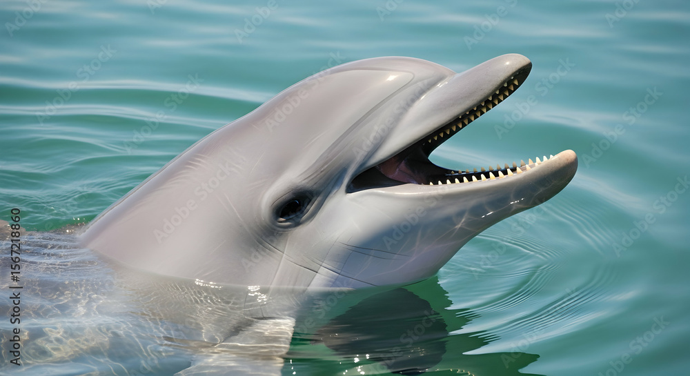 Naklejka premium Dolphin's Gentle Smile: Serene Aquatic Portrait