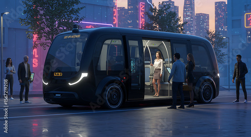 Autonomous Electric Shuttle in Futuristic City Setting at Night