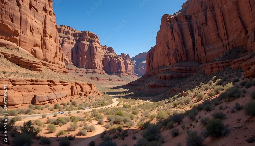 Fototapeta premium “Canyon landscape with layered red rock formations, deep shadows and highlights, clear blue sky, powerful geological background”