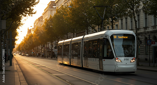 Golden Hour Tram Ride: A Serene Sunset Scene in a European City