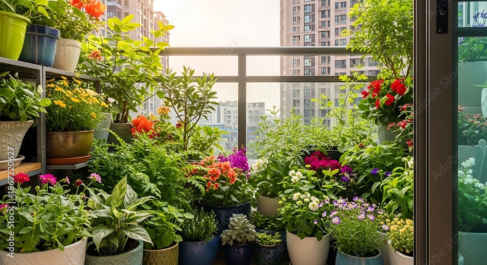 Fototapeta premium Vibrant Balcony Garden A Lush Oasis in the City
