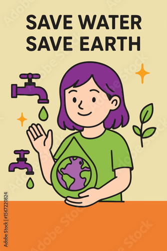 Eco-friendly flat vector illustration promoting water conservation and environmental awareness. Features a smiling girl holding a water droplet with Earth inside, alongside taps, drops, leaves, and th