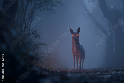 chupacabra with glowing eyes standing in a dark forest silhouette
