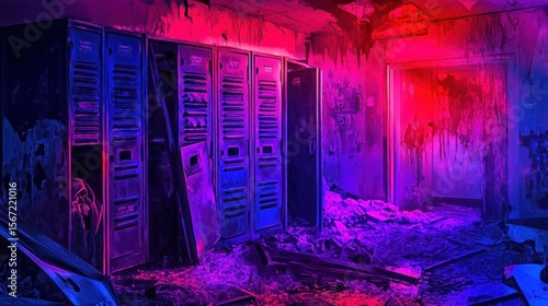 Neon-Lit Abandoned Locker Room with Decaying Walls and Eerie Atmosphere
