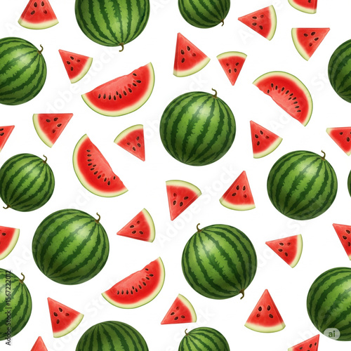 Watermelon fruit background with triangle cuts and whole watermelon is suitable for wrapping paper and other backgrounds containing fresh fruit elements.