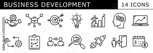 A set of 14 linear icons representing various aspects of business development, including strategy, growth, innovation, partnership, and analysis.