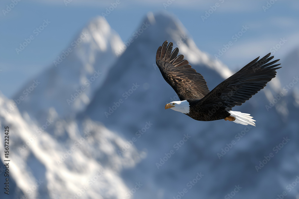 Obraz premium Flying eagle front with snow capped mountains in the background