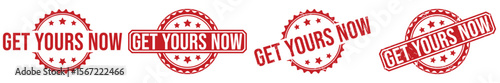 Four Red Get Yours Now Rubber Stamp Graphics with Stars on White Background