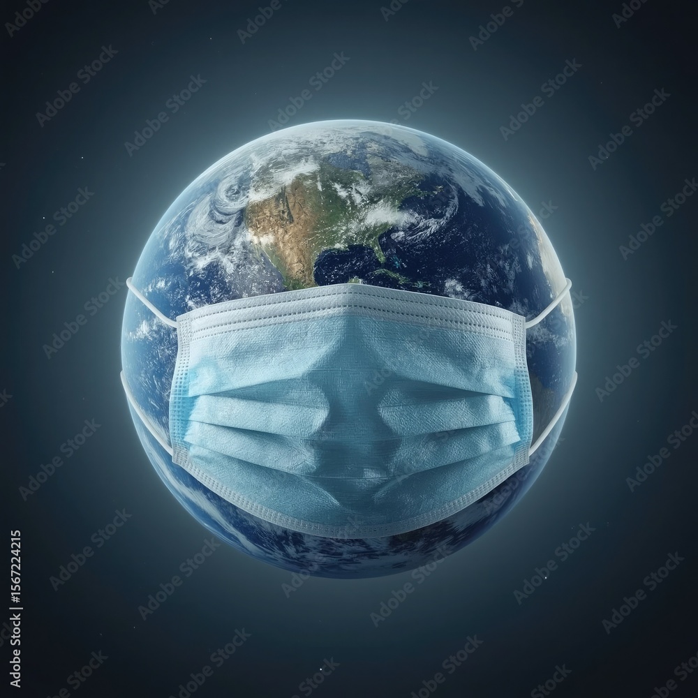 Obraz premium A globe with a blue surgical mask symbolizes global health and unity against pandemics.