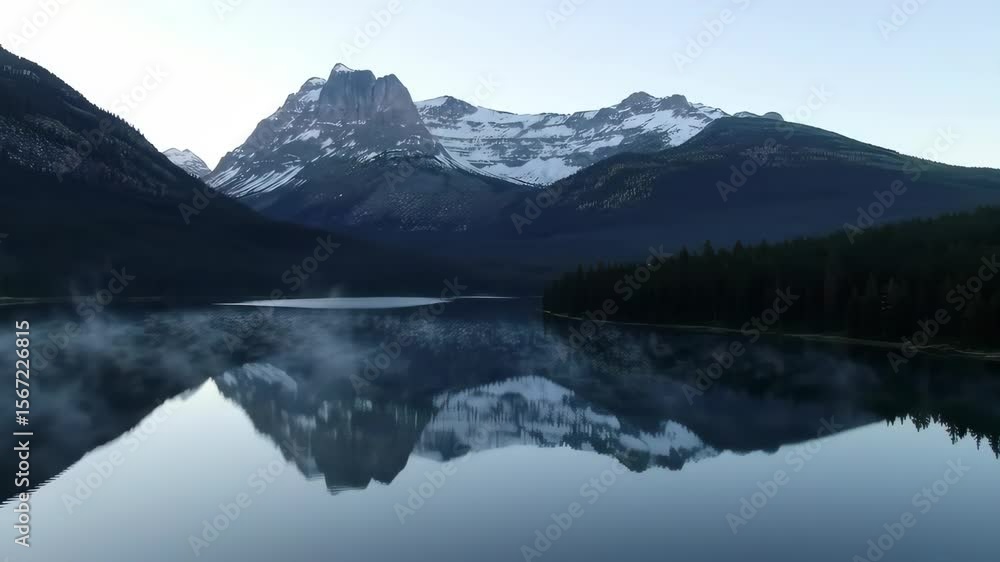 Morning Mist Rising Over Snow Capped Mountain Lake Reflecting Calm Forest Landscape Morning Mist Rising Over Snow Capped Mountain Lake Reflecting Calm Forest Landscape