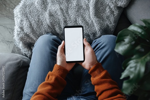 High Definition Image of Top View of a Man Sitting on the Couch and Holding Smartphone Mockup
