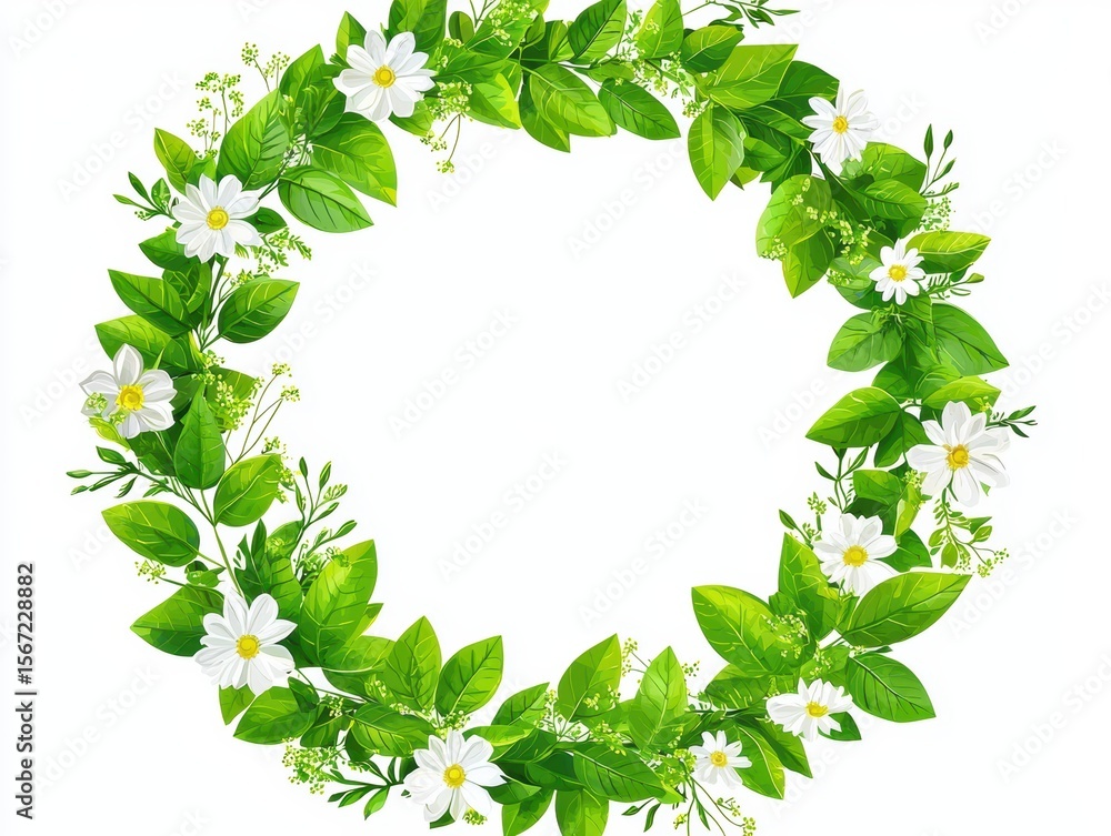 Fototapeta premium Circular floral frame made of green leaves and white flowers on a clean white background