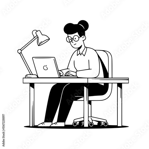 Wallpaper Mural Woman with glasses is working on her laptop at a desk with a lamp. Torontodigital.ca