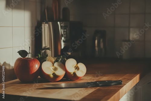 Fresh Apples on Wooden Kitchen Counter in Warm Light