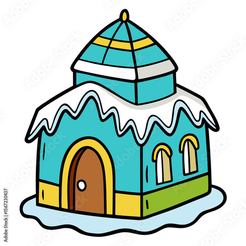 Cartoon Ice House Illustration with Hand Holding a Sign Vector Design