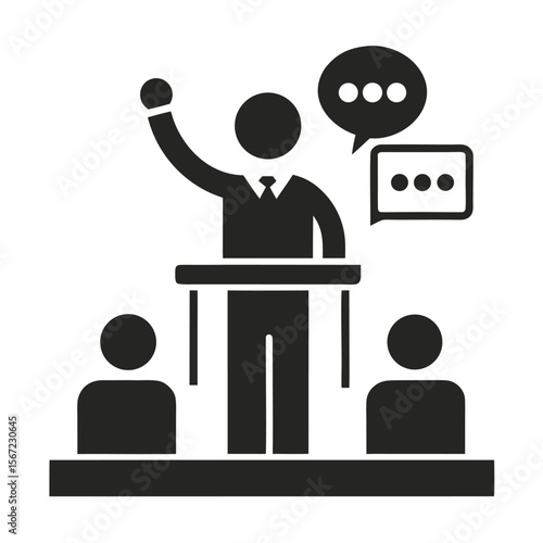 Speaker addressing audience at podium with speech bubbles in black and white