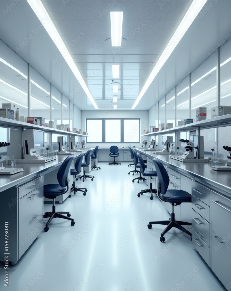 a clean and organized laboratory, equipped with desks and chairs, ready for scientific research and experimentation a clean and organized laboratory, equipped with desks and chairs, ready for scientific research and experimentation