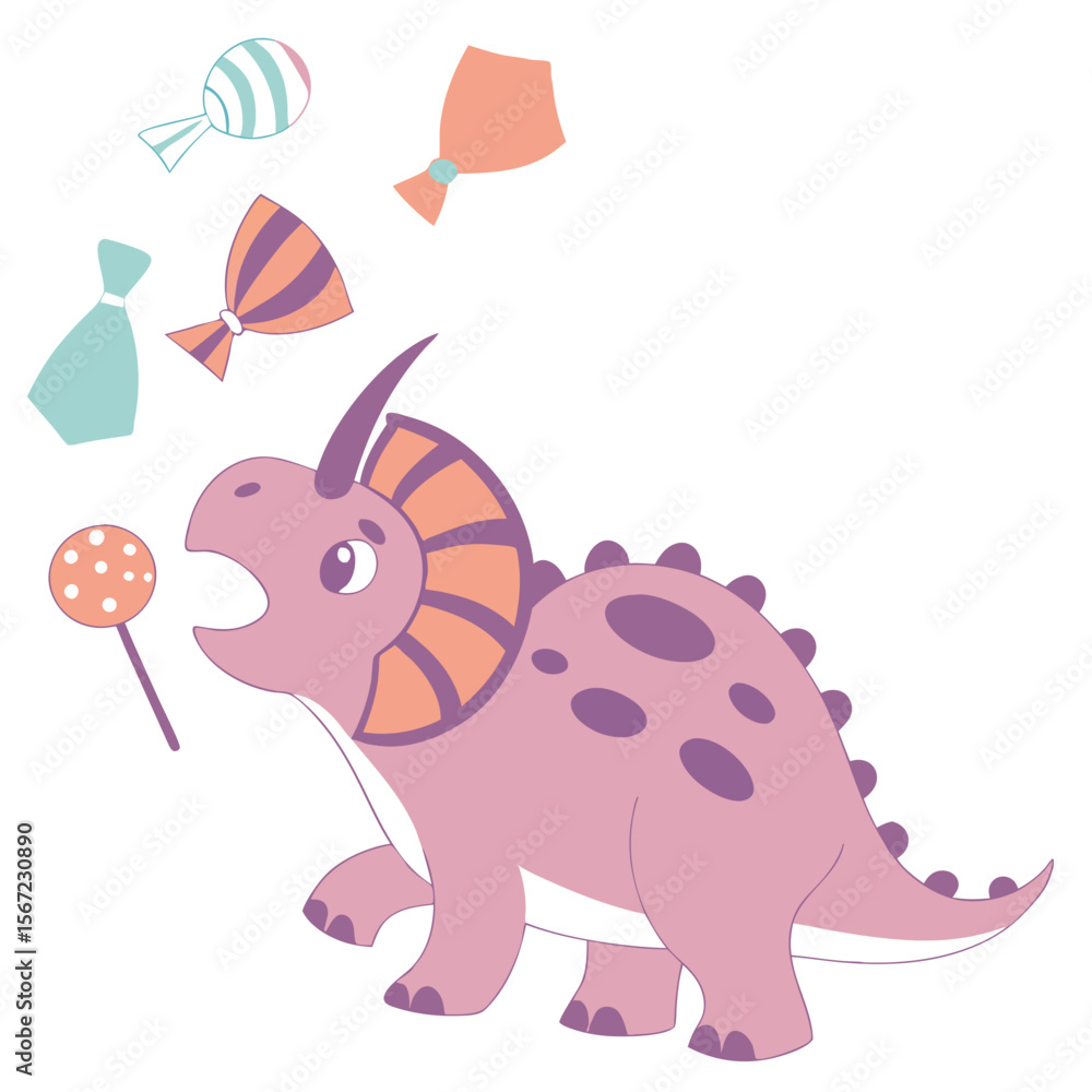 Fototapeta premium Candy Shop themed SVG: Silly Triceratops in a Birthday environment