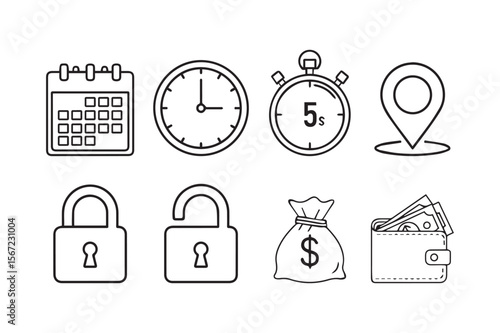 Finance Time Security Location Money Icons Set Vector Illustration